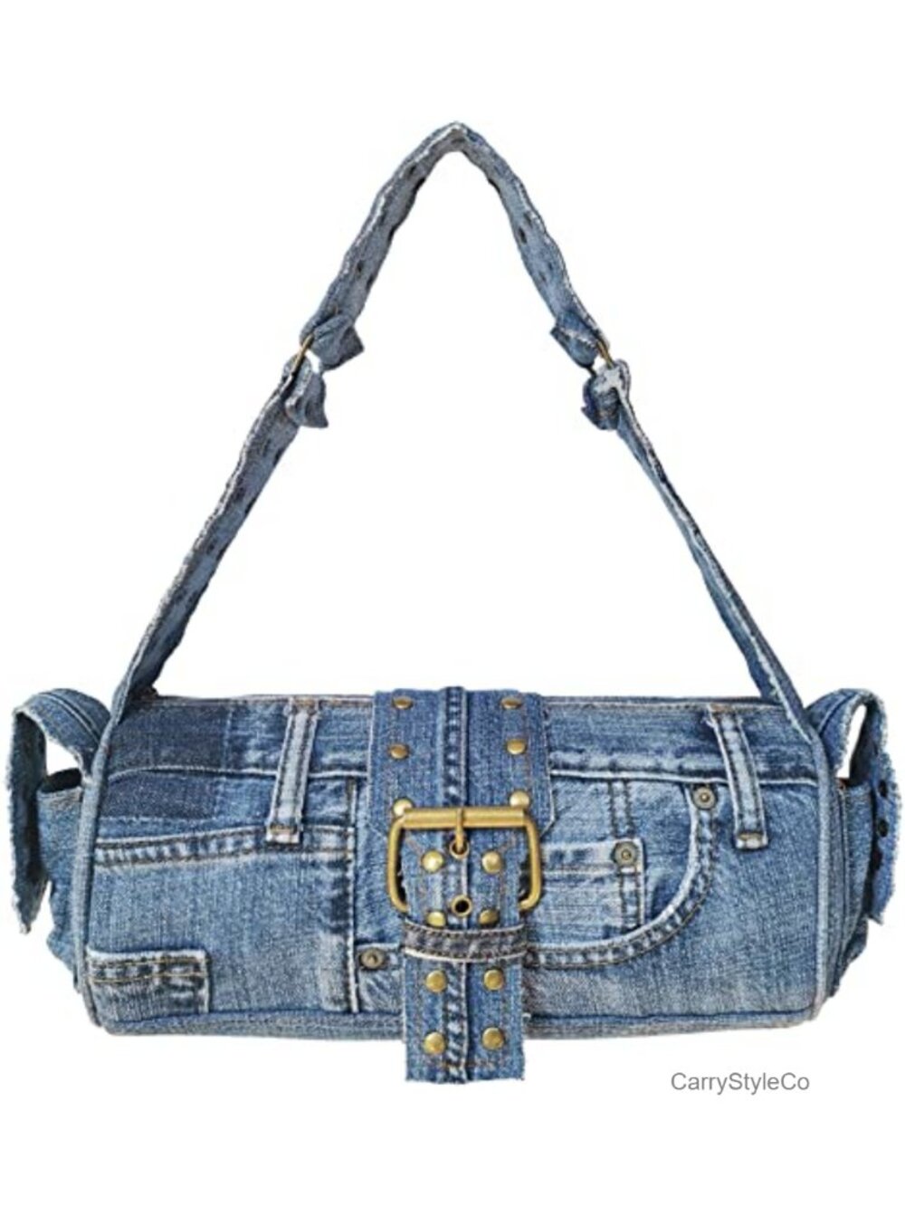 Upcycled Denim Barrel Handbag with Brass Studded Belt Buckle - Shoulder Purse